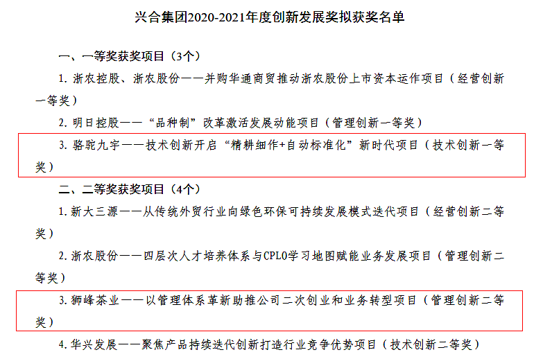 华亿(中国)一站式服务平台多个项目荣获兴合集团2020-2021年度创新发展奖